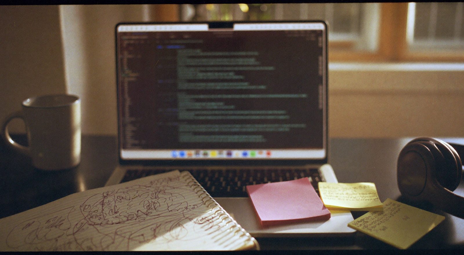 A desk with a laptop, notebook, and sticky notes in evening light