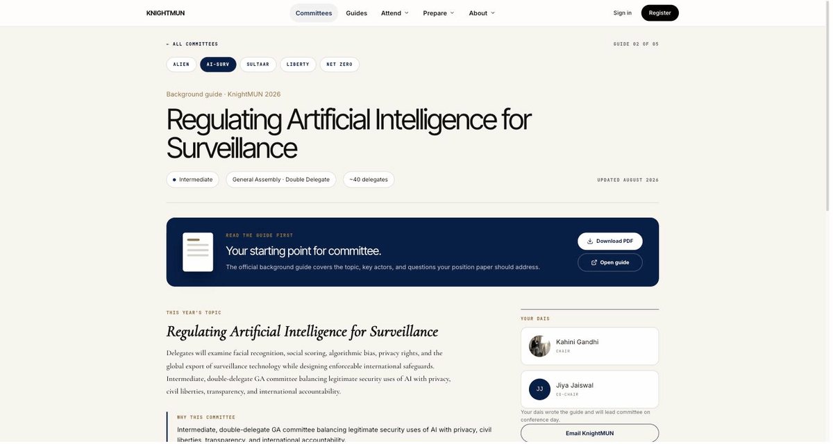 The AI and Surveillance committee page showing its topic, format, delegate count and the two chairs.