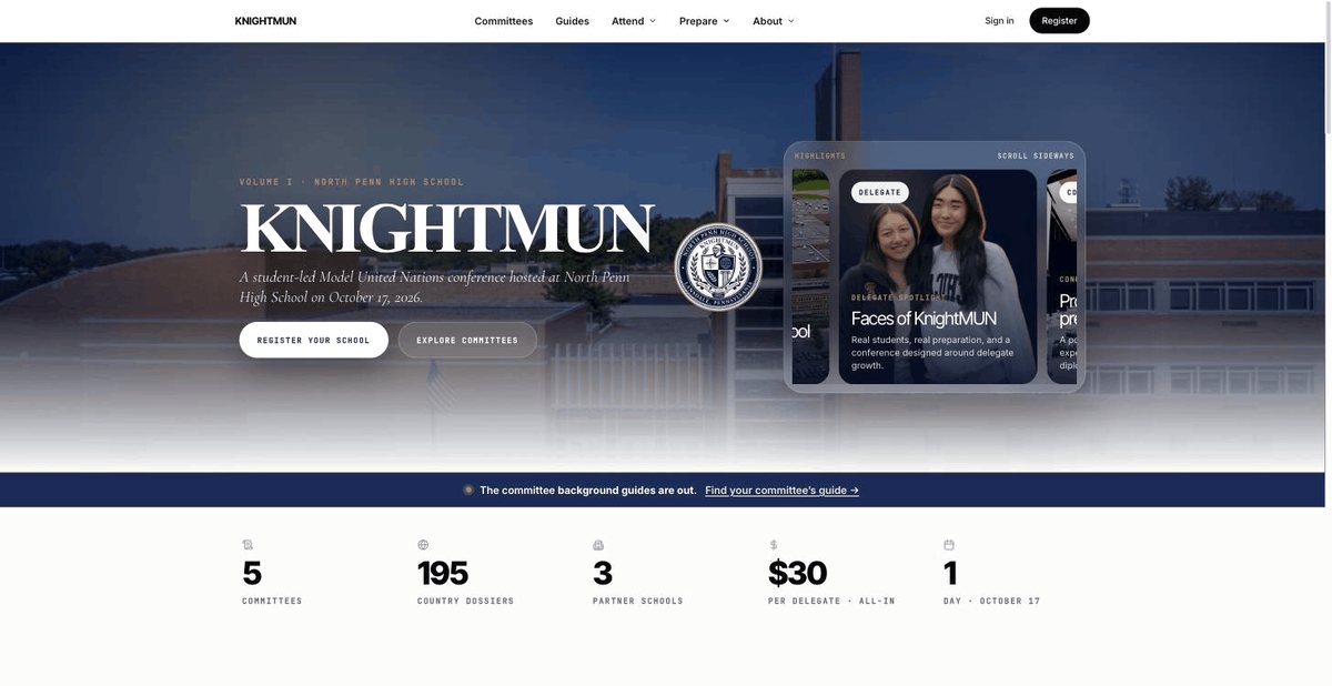 The KnightMUN home page over a photo of North Penn High School.