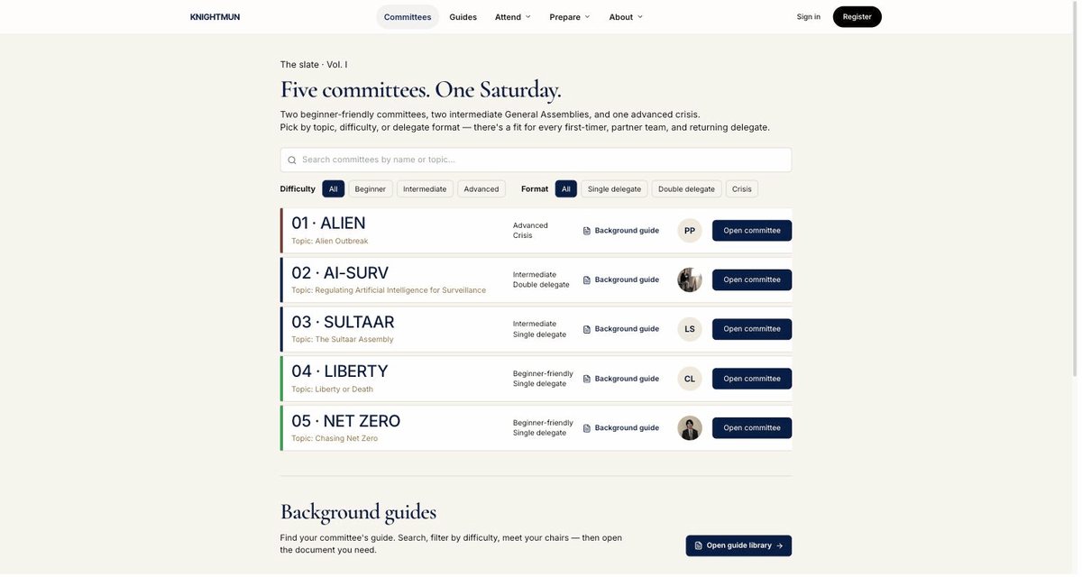 Five committees listed with difficulty and delegate-format filters.