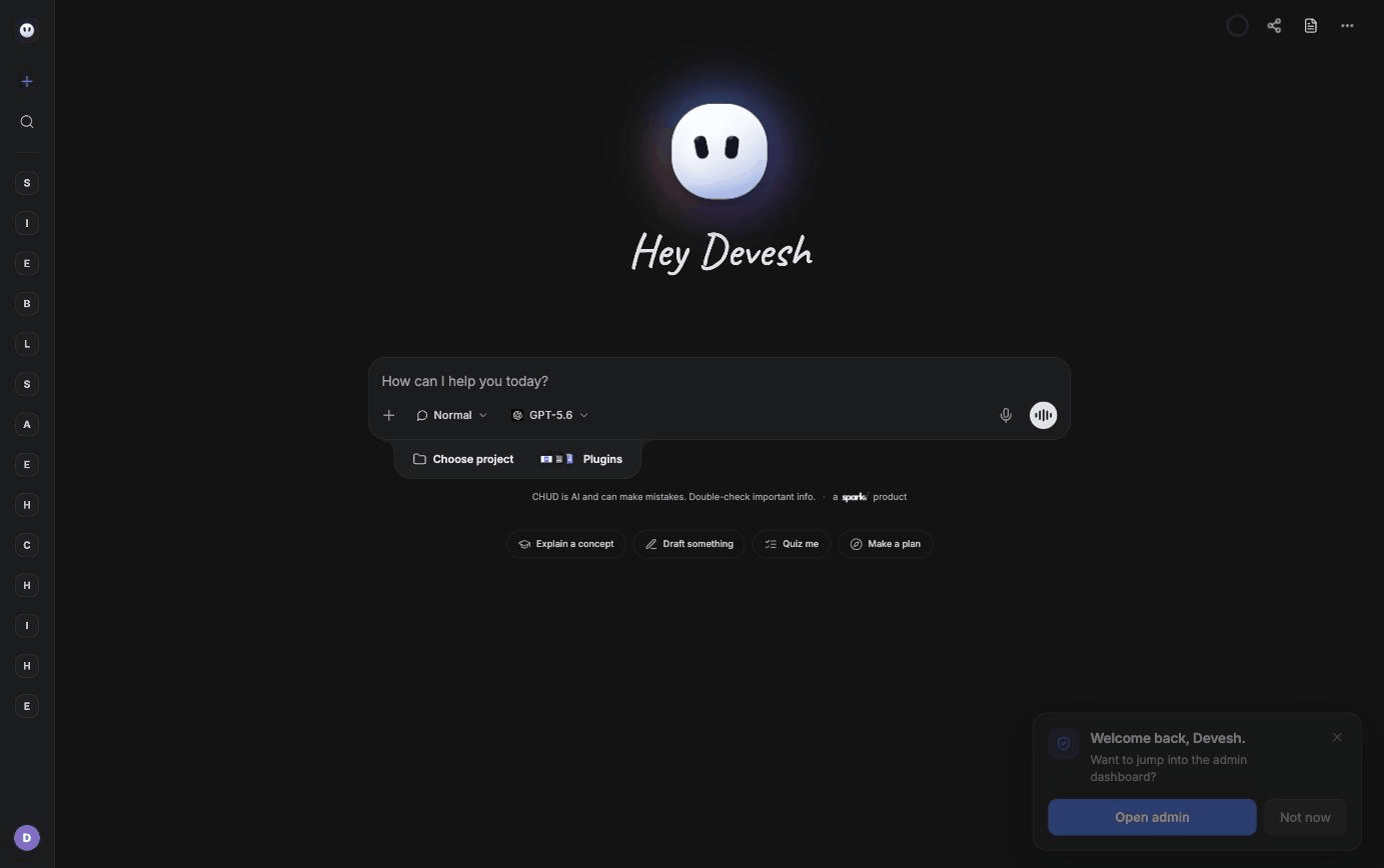 chud. chat home screen with study prompts